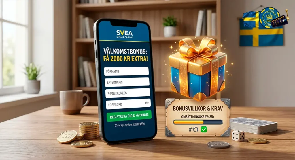 Casino welcome bonus terms and wagering conditions with a 3D gift box visual.